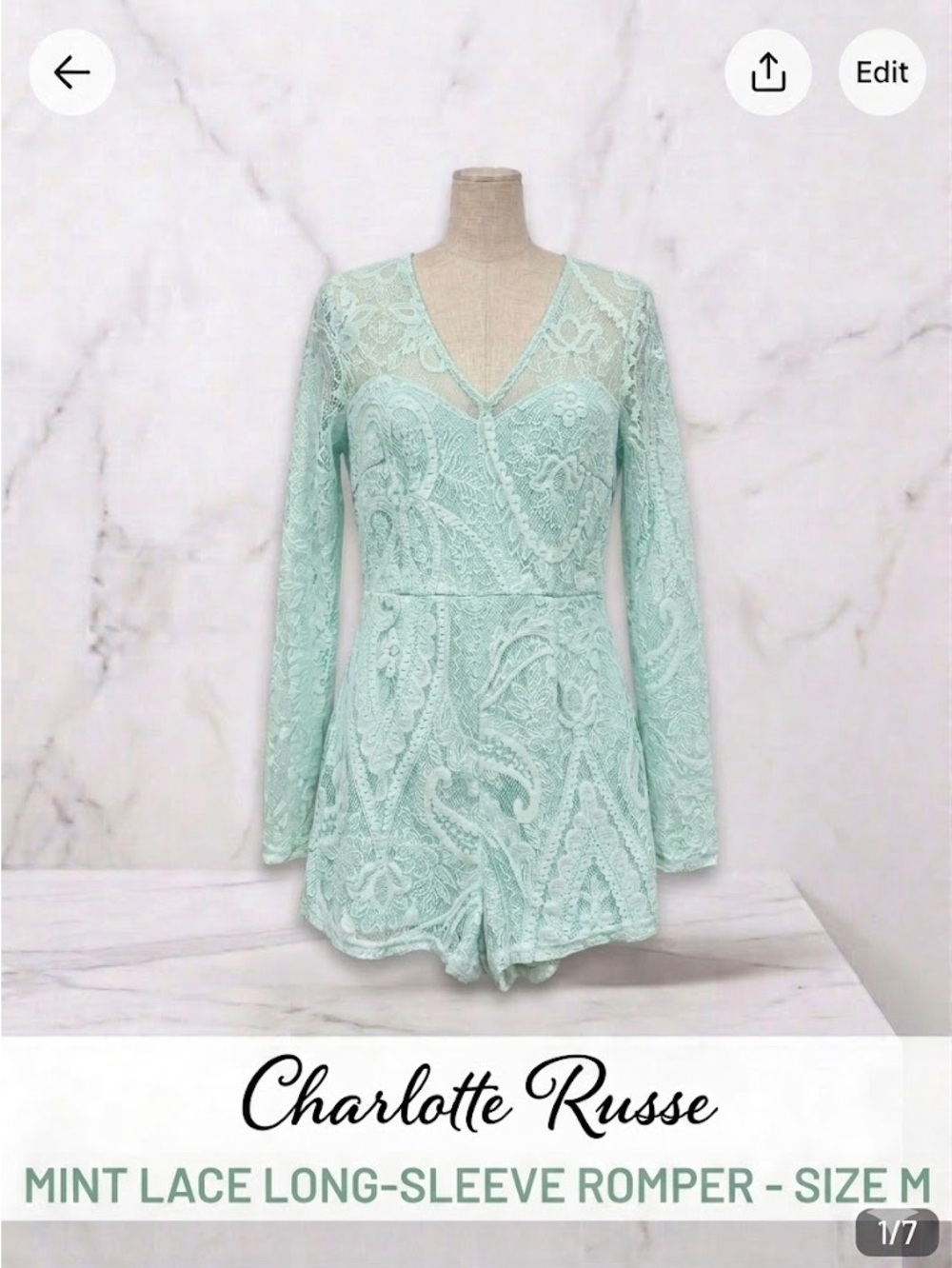 Charlotte Russe Mint Lace Long-Sleeve Romper Size M